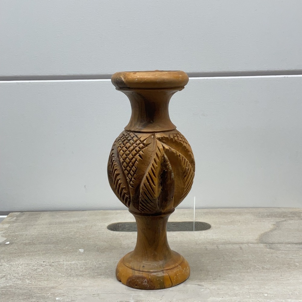 Hand Carved Wooden Bud Vase Rustic Boho Textured Geometric Leaf Design 5.25in